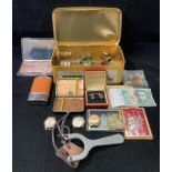 Contents to tin - assorted pin badges including LMS Railway Service No B9688,