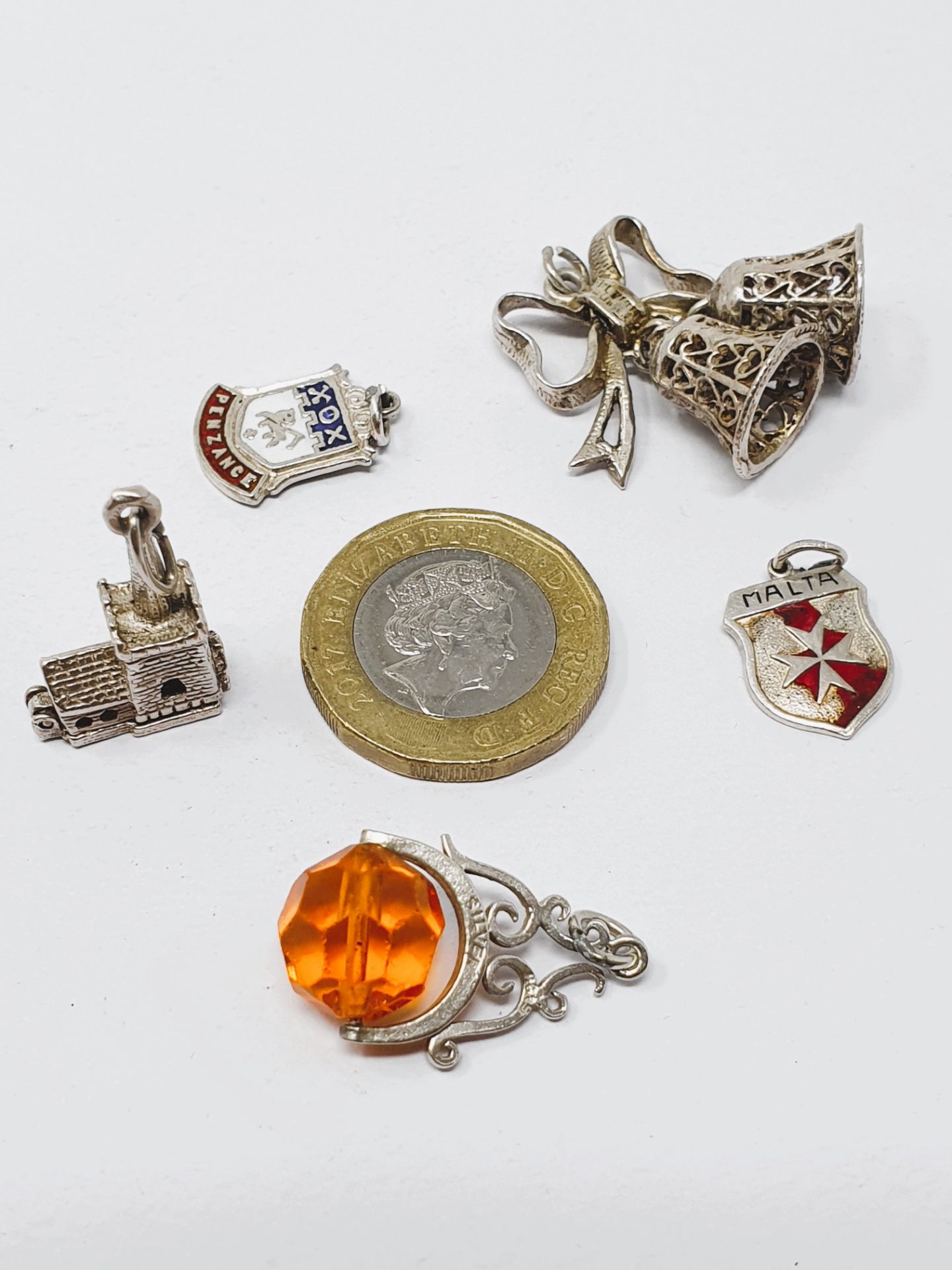 Sterling silver selection of fifteen vintage charms, including crown, football, bow and bells, - Image 2 of 3