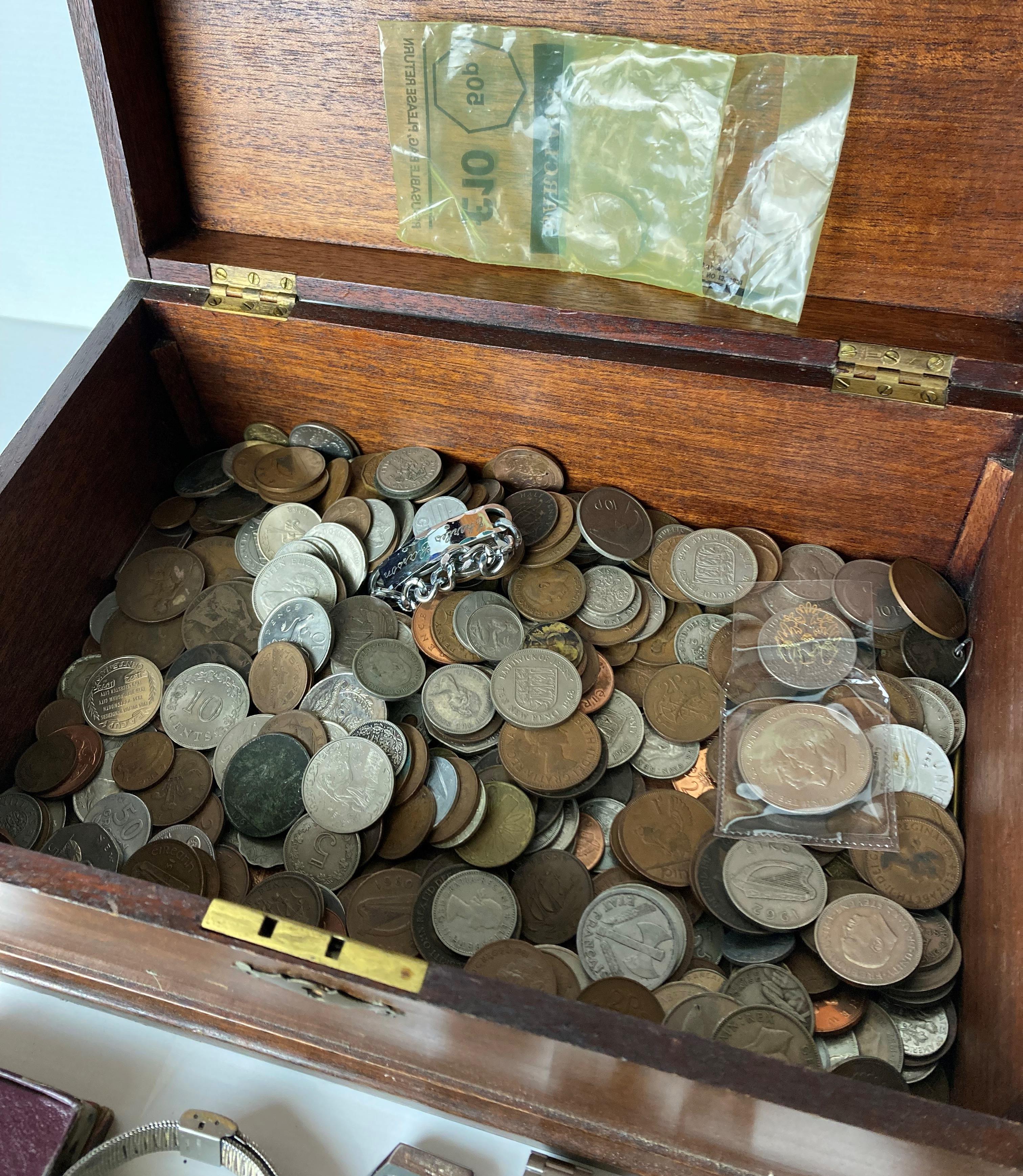 Mahogany jewellery box and large quantity of assorted coins including Silver Half-Crowns (1915), - Image 4 of 4