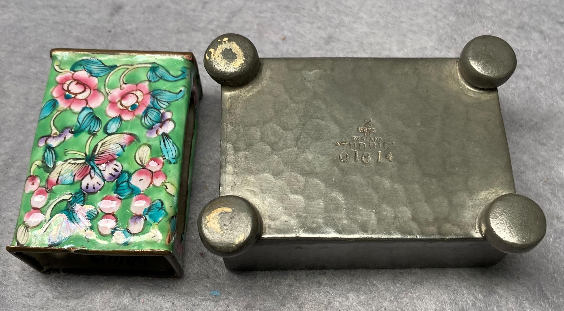 A vintage enamelled matchbox holder and a Tudric pewter matchbox holder with 'The Poultry Club, - Image 2 of 2