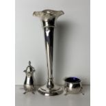 Three silver (hallmarked) items including a 20cm high trumpet vase (1904,