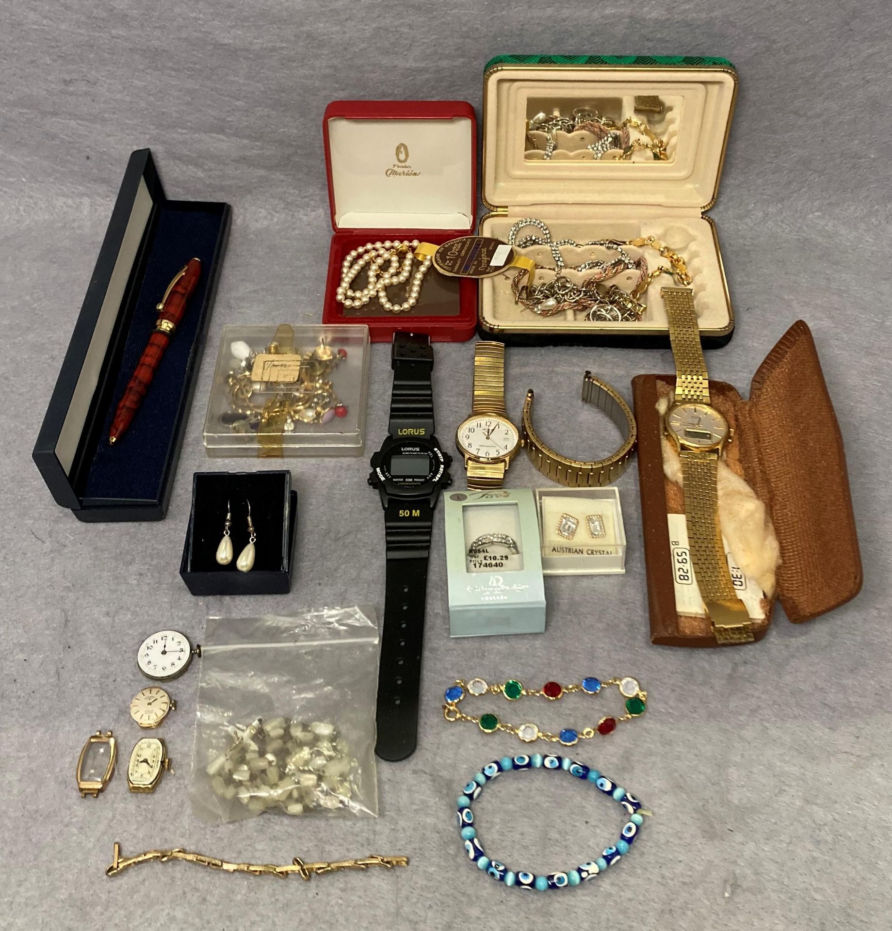 Contents to tray - assorted costume jewellery etc including rolled gold Art Deco style watch (with