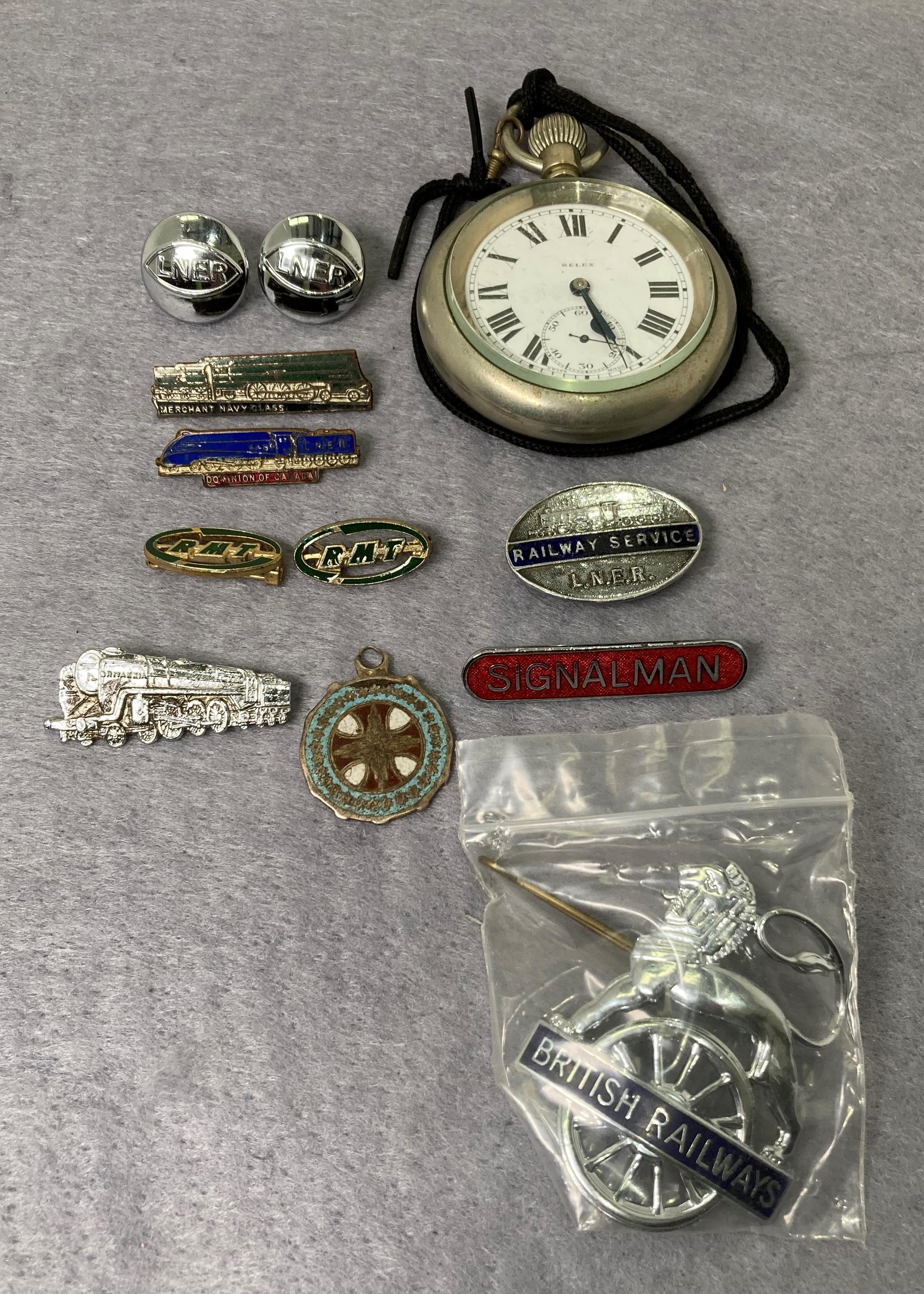 Selex pocket watch (working) with "LNER 9176 Relief" engraved to back, railway badges, cap badge,
