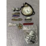 Selex pocket watch (working) with "LNER 9176 Relief" engraved to back, railway badges, cap badge,