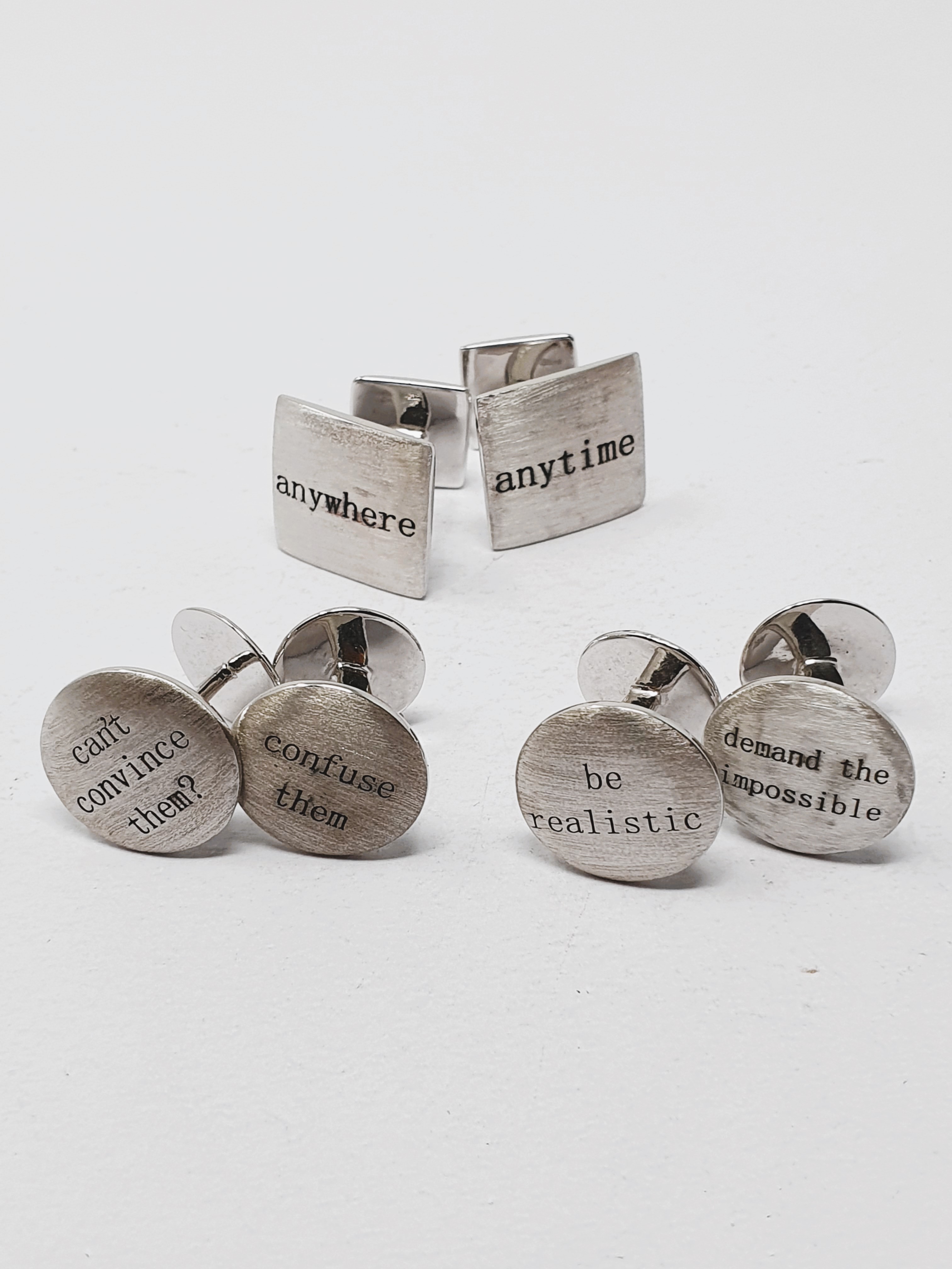 Sterling silver cufflinks, three pairs - 'anytime/anywhere',