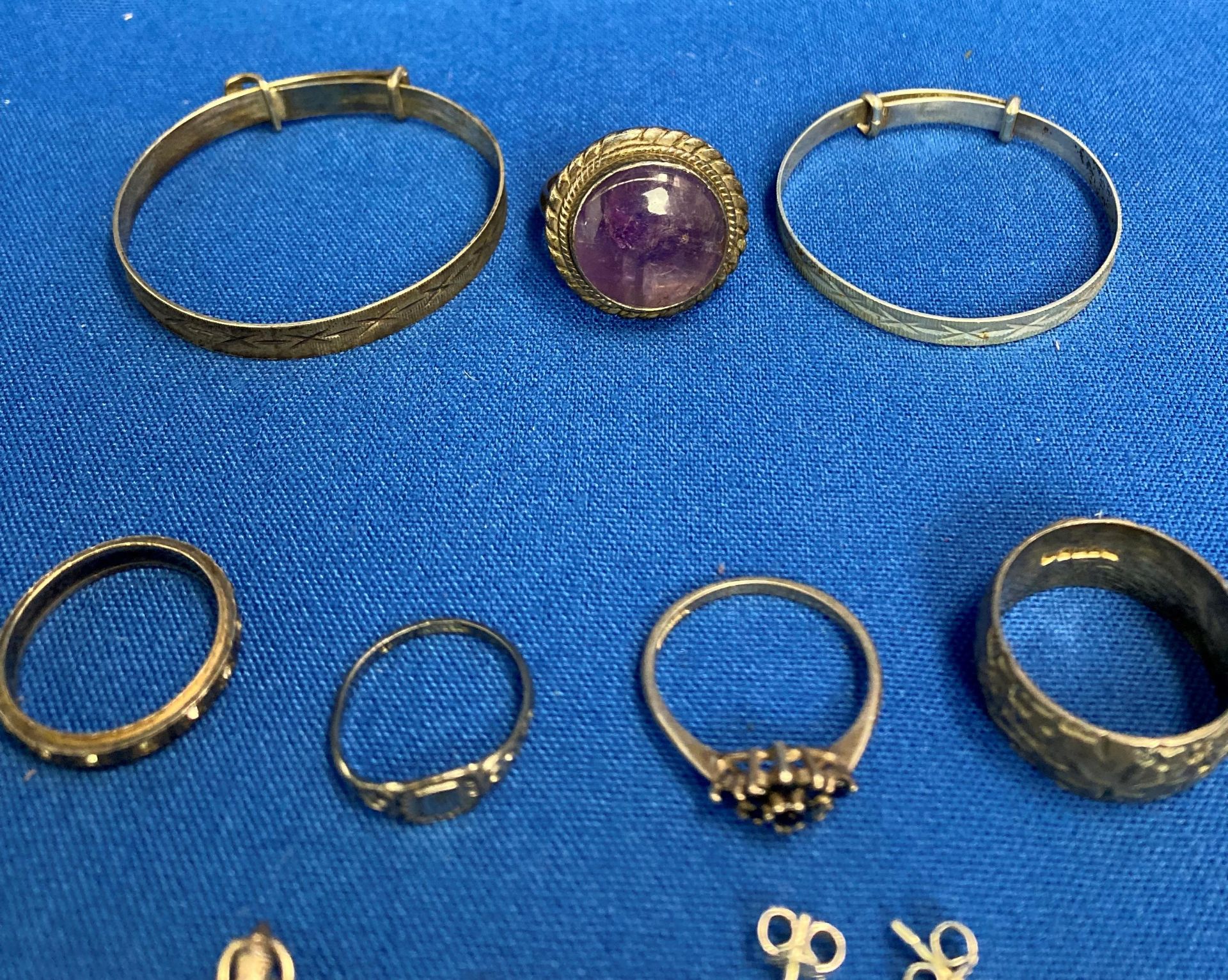 Twelve assorted silver hallmarked items including sapphire nine stone diamond-shape ring (size O), - Image 4 of 6