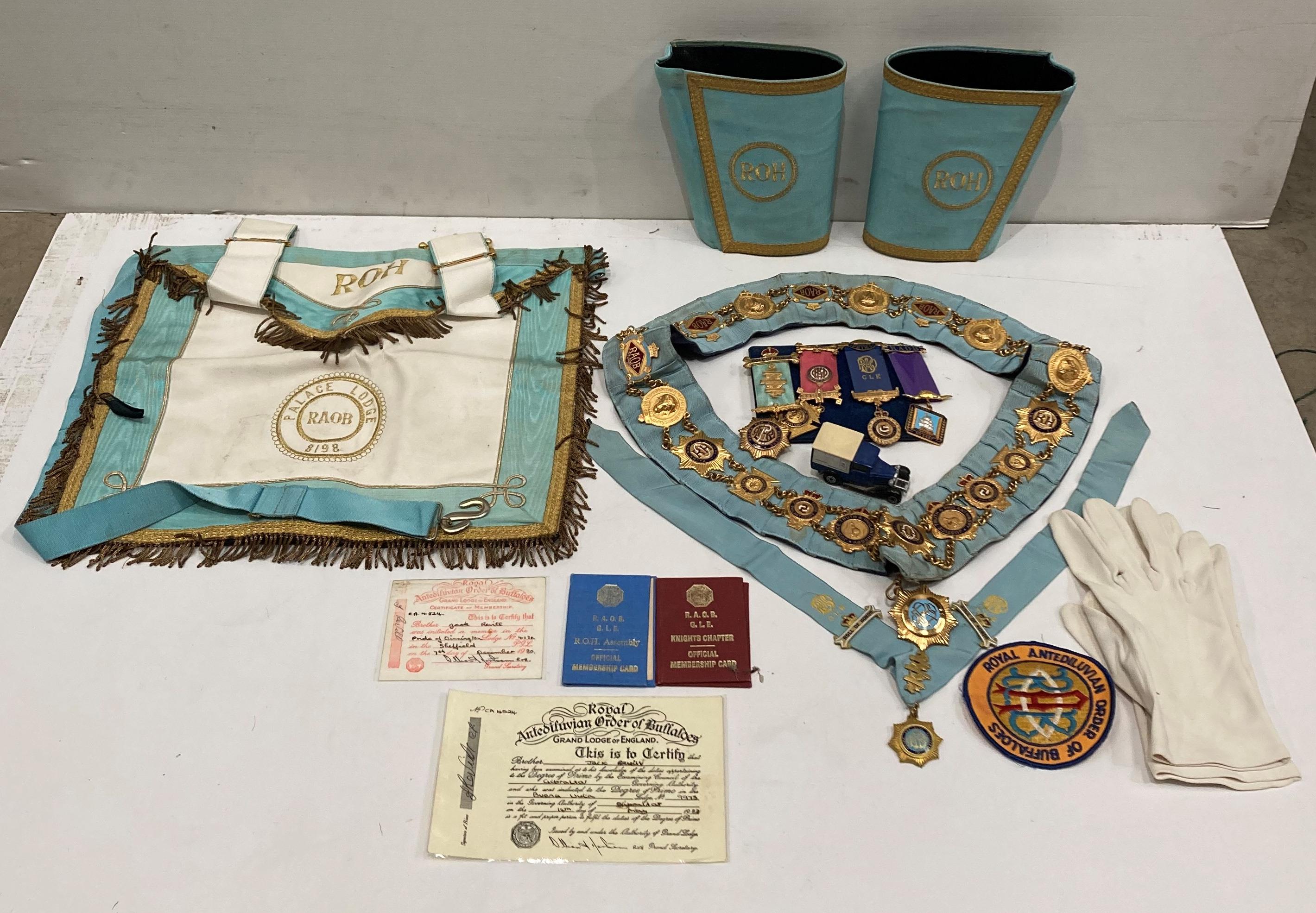 Contents to box - RAOB ceremonial sash with medals, cuffs, gloves, certificates,