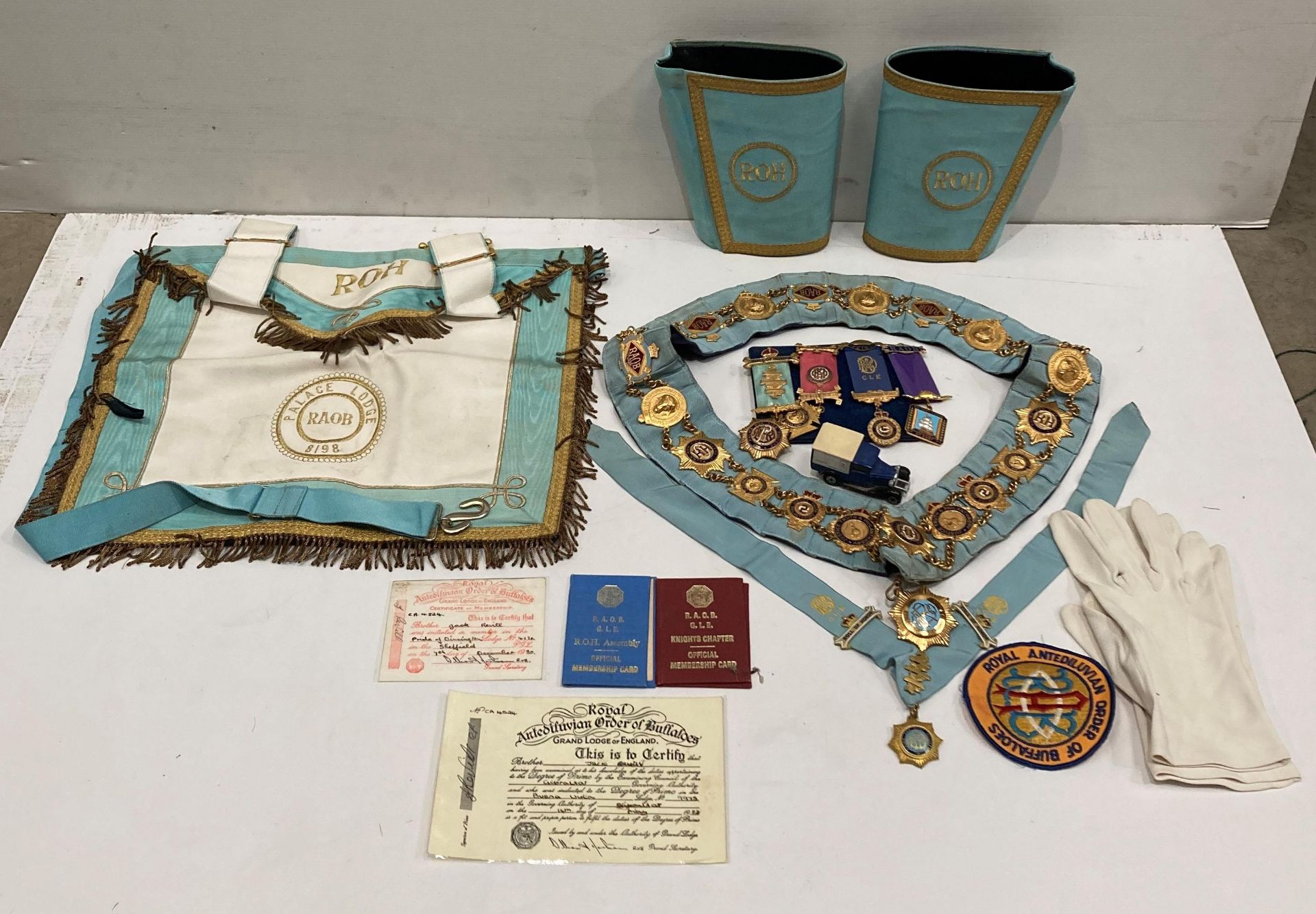 Contents to box - RAOB ceremonial sash with medals, cuffs, gloves, certificates,
