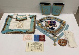 Contents to box - RAOB ceremonial sash with medals, cuffs, gloves, certificates,