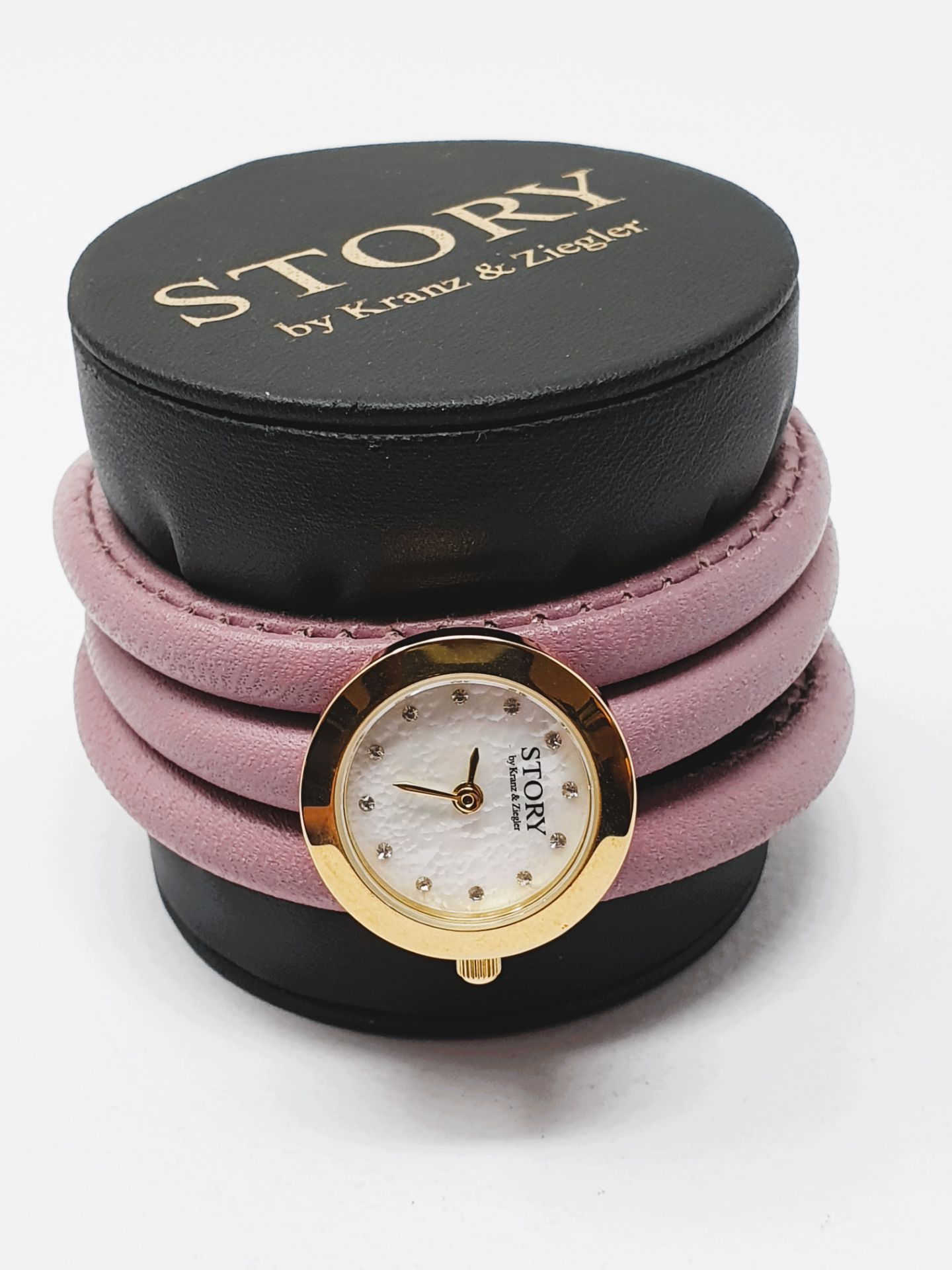 STORY' by Kranz & Ziegler lilac leather wrap bracelet with mother of pearl watch, unworn / boxed,