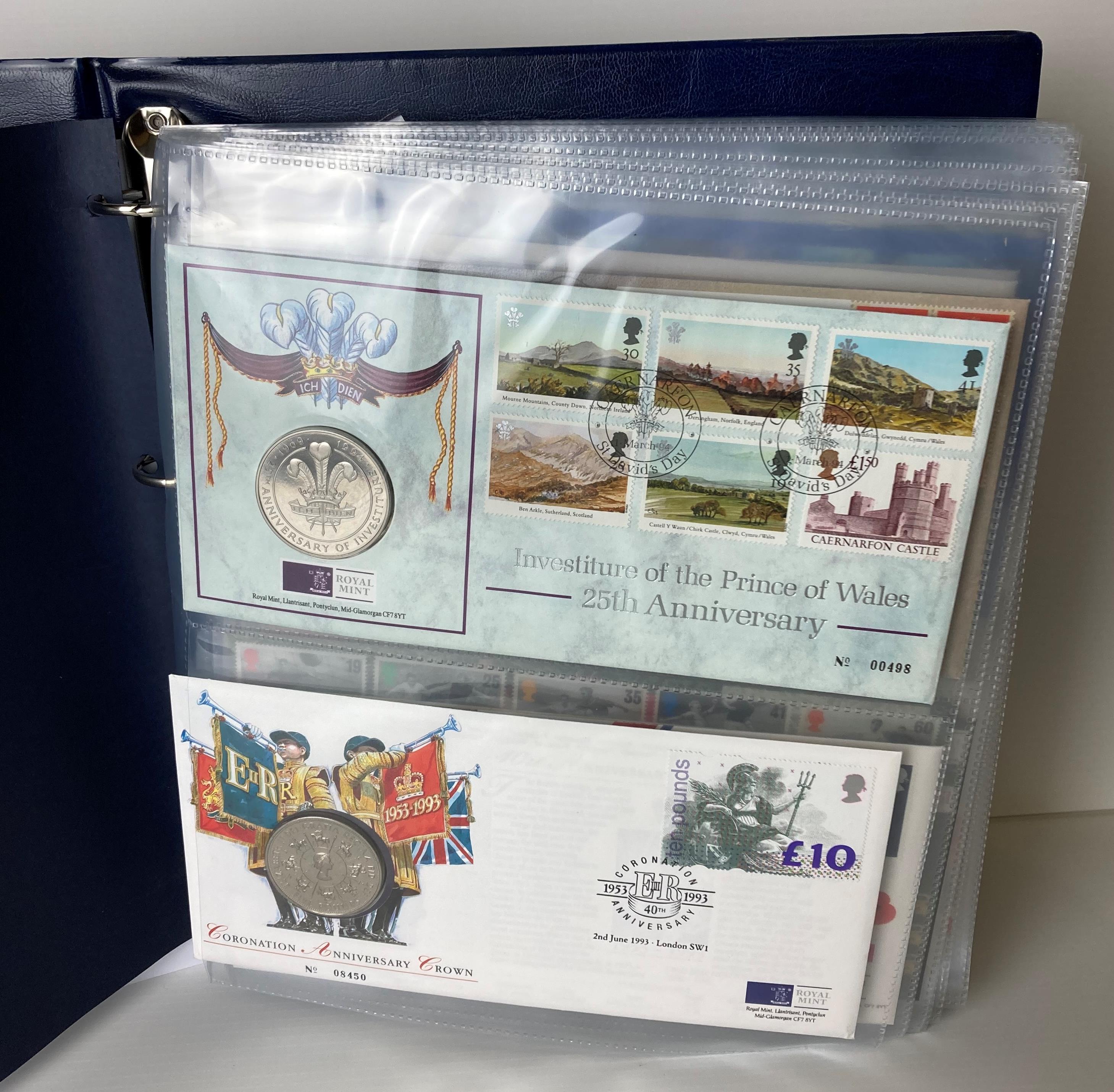Royal Mail/Royal Mint Philatelic Numismatic cover blue vinyl folder and sleeve and contents - 29