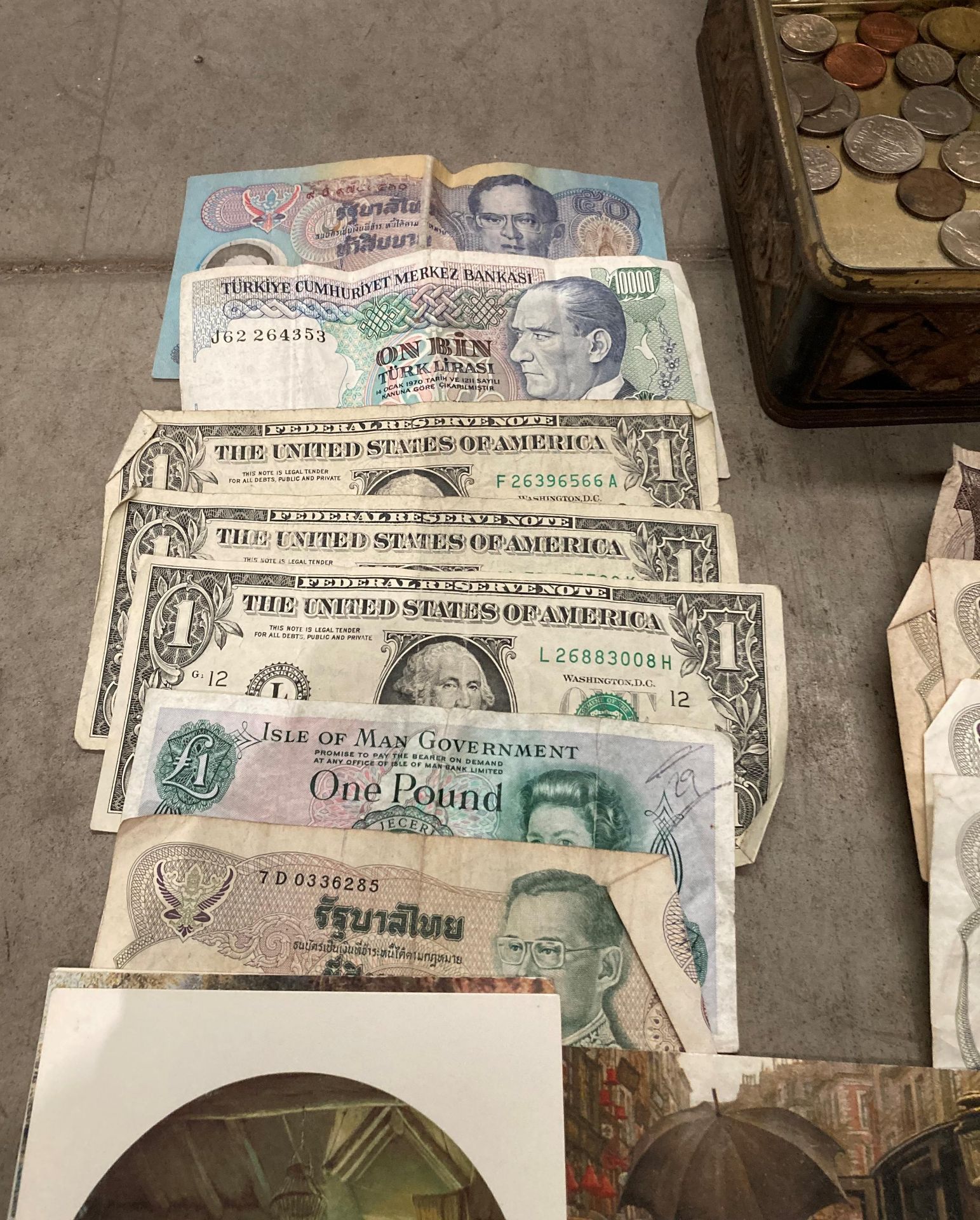 Contents to tin - assorted bank notes, coins, postcards, including USA $1, - Image 2 of 4