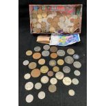 Contents to box - assorted coins including £2 coin, silver 3-pence, USA, France, Italy,