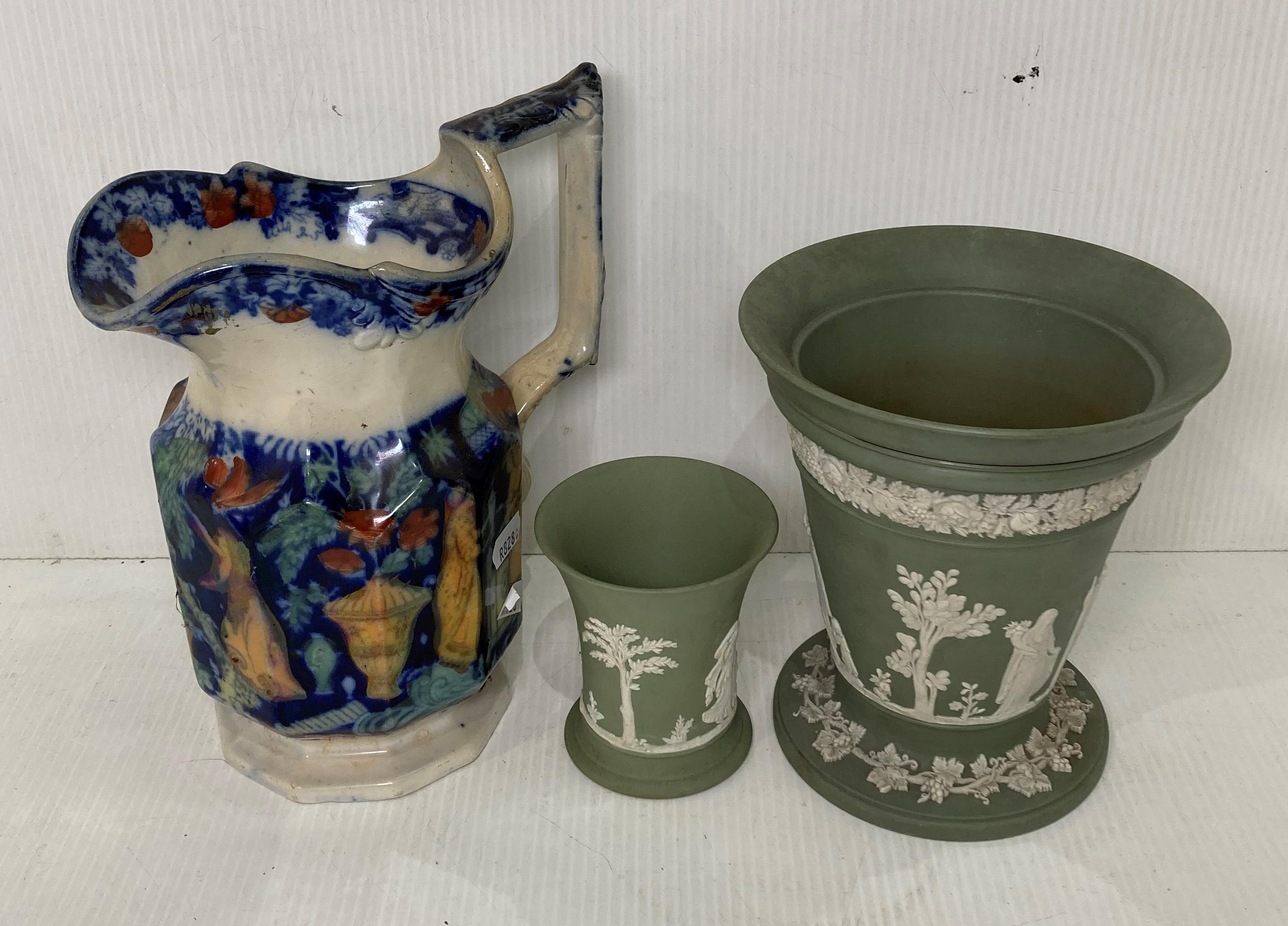 A vintage Italian style water jug and two green and white Wedgwood items (saleroom location: S3 - Image 2 of 3