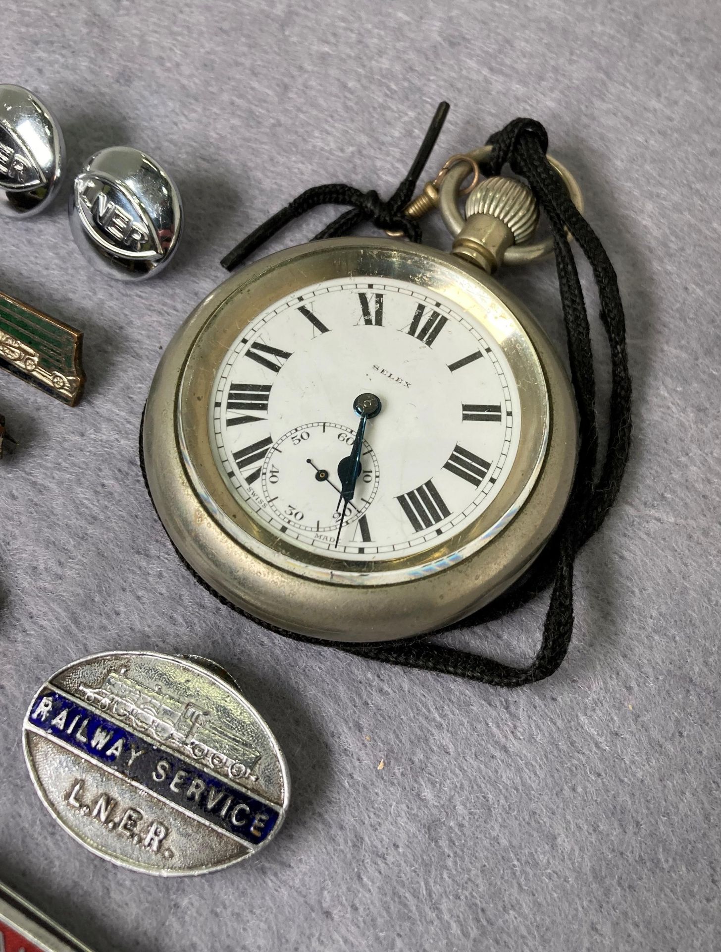 Selex pocket watch (working) with "LNER 9176 Relief" engraved to back, railway badges, cap badge, - Image 2 of 5