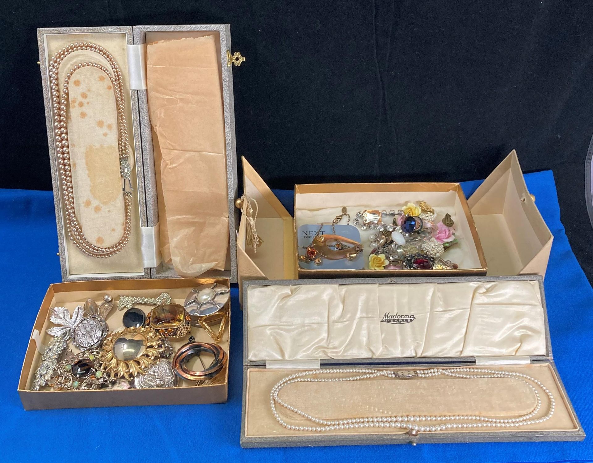 Cardboard jewellery box and contents - costume jewellery, Sterling Silver brooches by A&K Denmark,