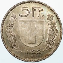 Switzerland - Silver 5 Francs 1922-B, William Tell, EF with light toning and some lustre.