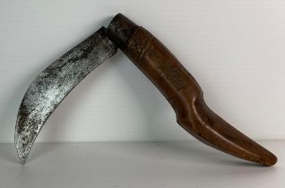 Vintage pruning knife with wooden carved handle and faded markings to blade (saleroom location: S3