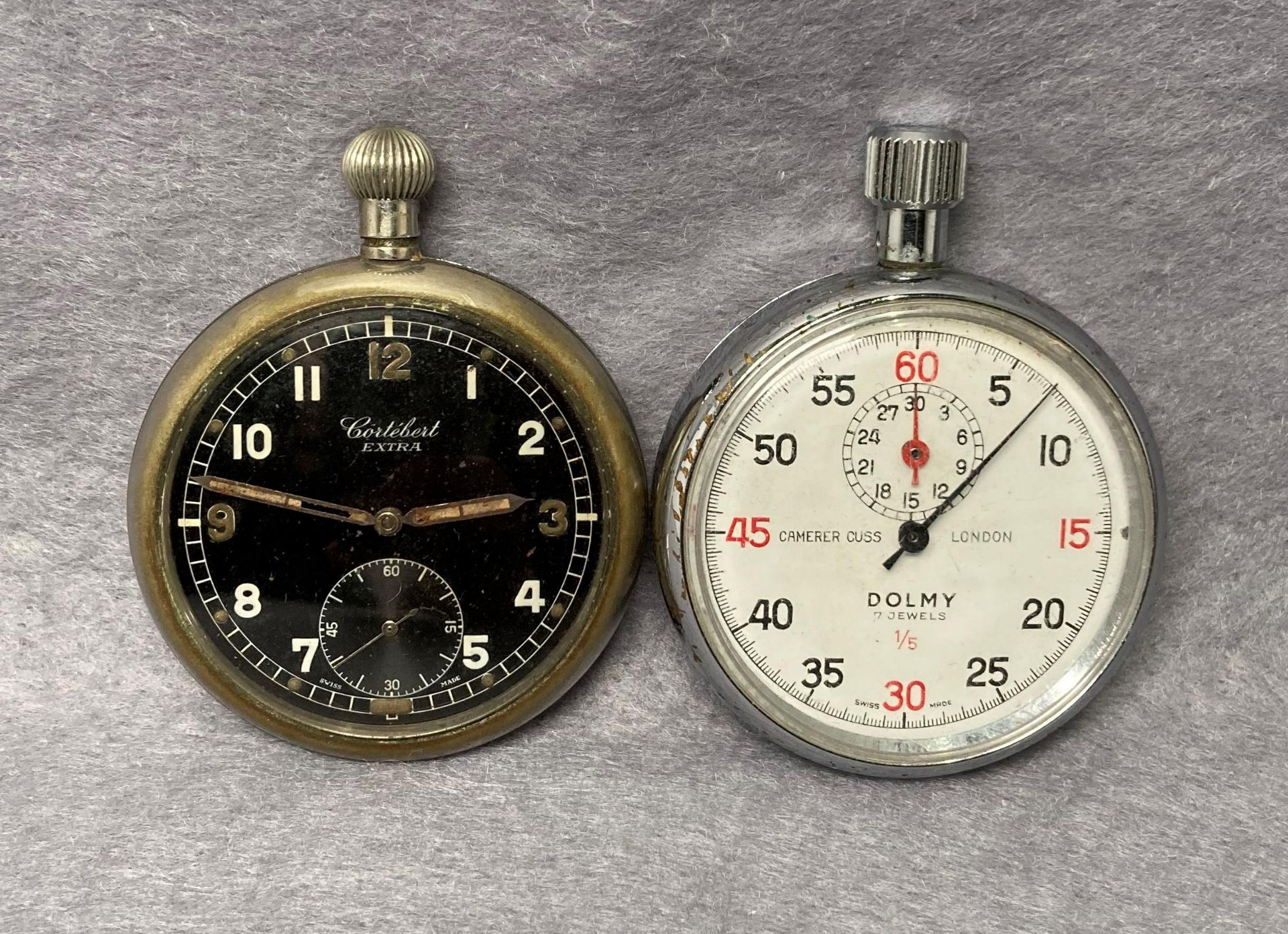 A vintage Cortebert Extra military stamped pocket watch and a Dolmy Camerer Cuss London stop watch