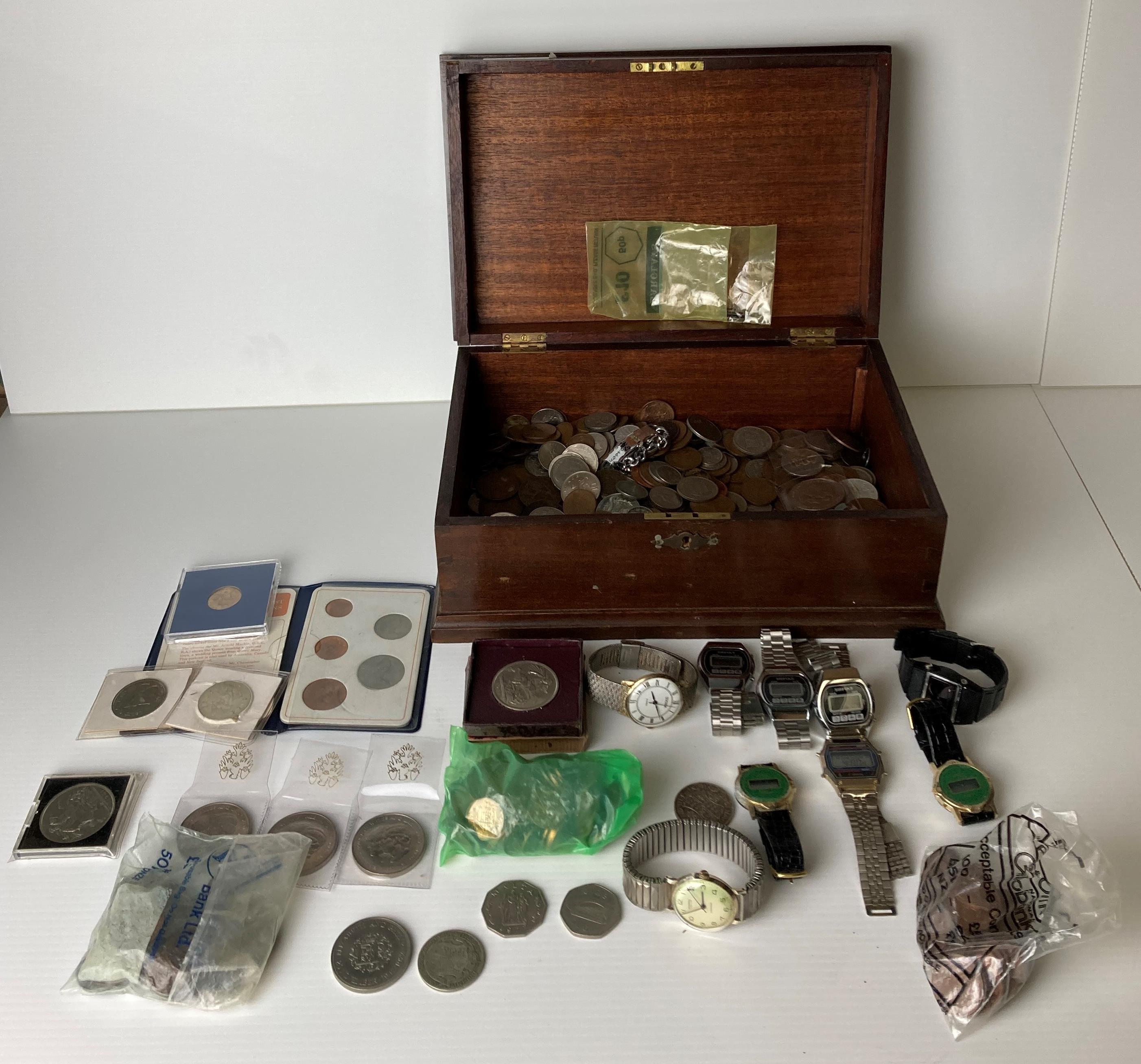 Mahogany jewellery box and large quantity of assorted coins including Silver Half-Crowns (1915),