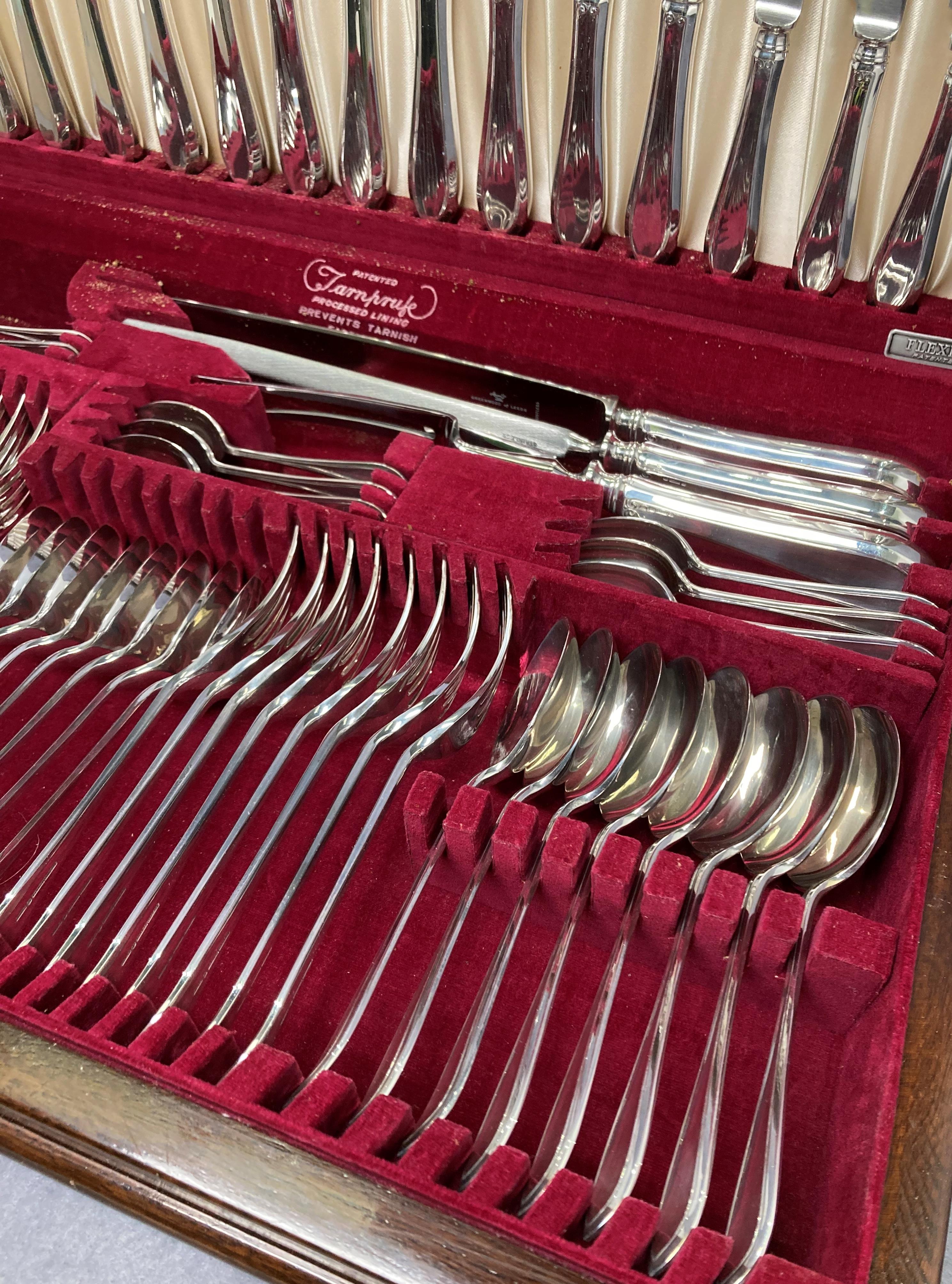 A walnut case canteen of cutlery fitted with 63 piece of EPNS Gainsborough cutlery Greenwoods of - Image 3 of 6