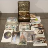 Contents to tin - assorted bank notes, coins, postcards, including USA $1,