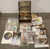 Contents to tin - assorted bank notes, coins, postcards, including USA $1,