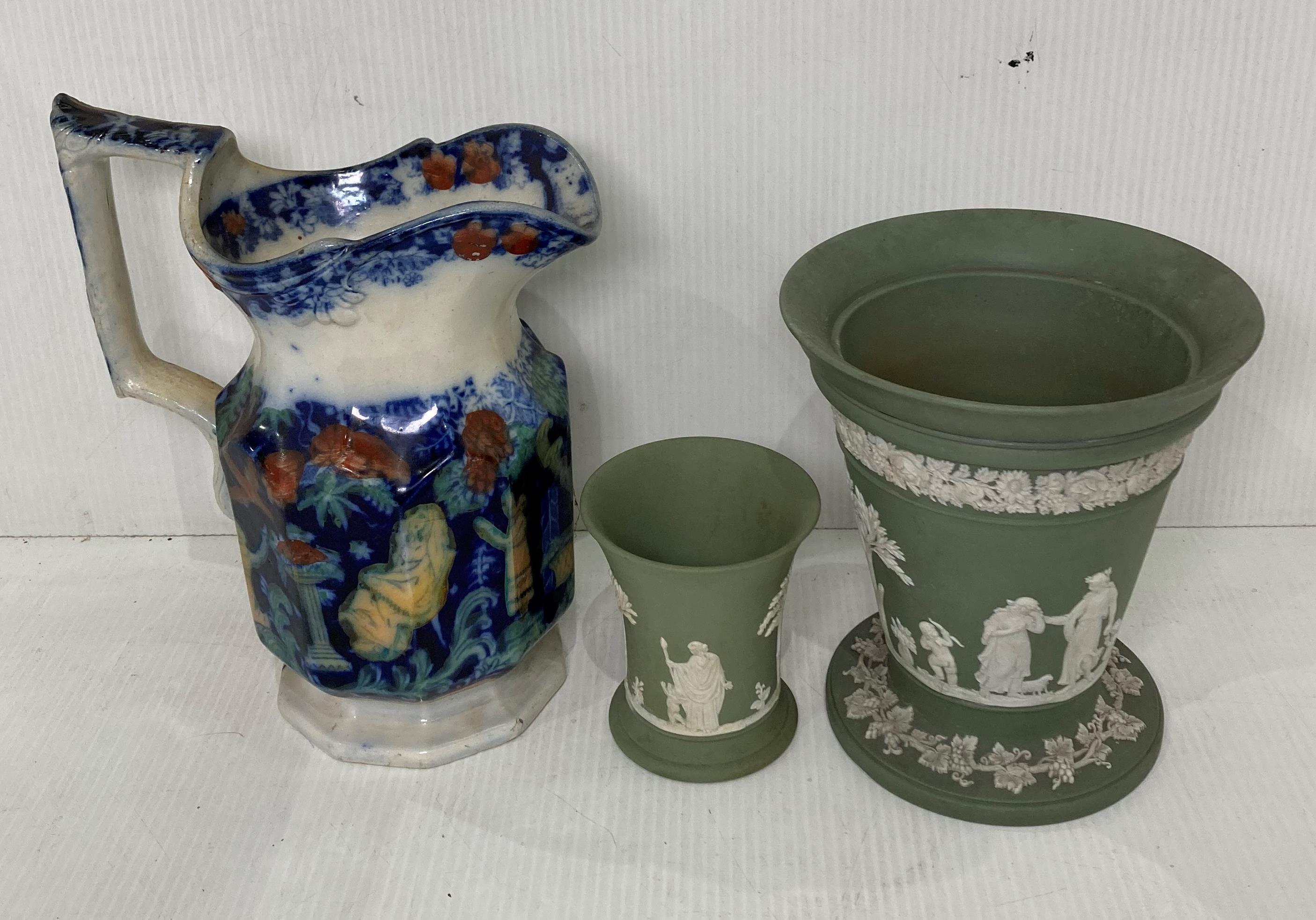 A vintage Italian style water jug and two green and white Wedgwood items (saleroom location: S3