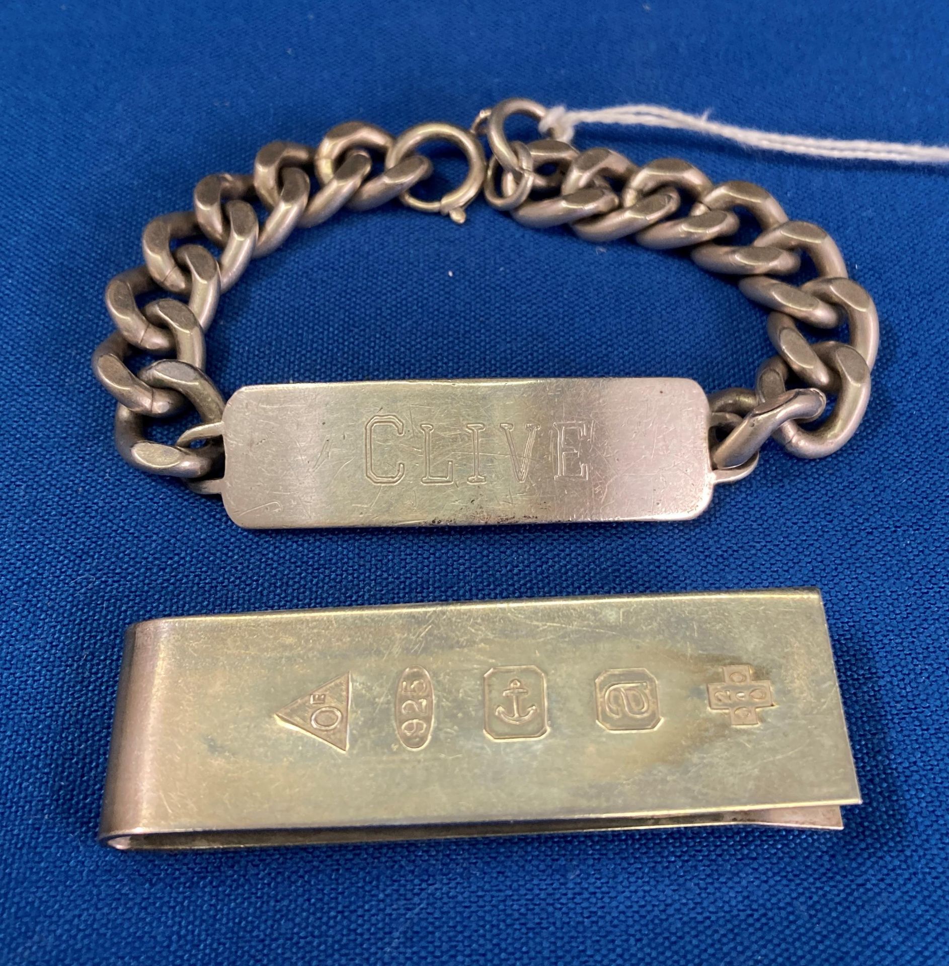 Silver name plate bracelet with name 'Clive' inscribed (7" long) and a Sterling Silver (.