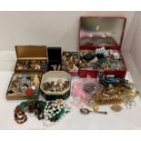 Large quantity of costume jewellery in tins and boxes including an Aristocrat EPNS cigarette box,