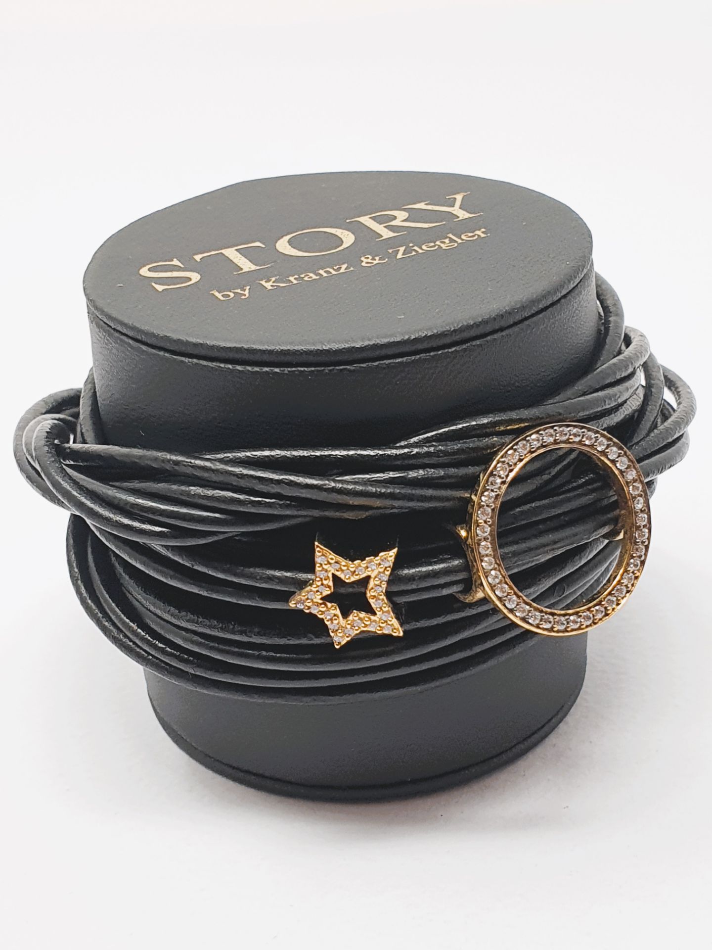 STORY' by Kranz & Ziegler black leather wrap bracelet with two sterling silver charms and watch, - Image 2 of 3