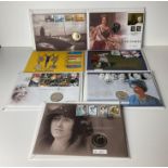Seven Royal Mint First Day Cover stamp and coin sets including 2002 Queen Mother Commemoration,