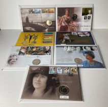 Seven Royal Mint First Day Cover stamp and coin sets including 2002 Queen Mother Commemoration,
