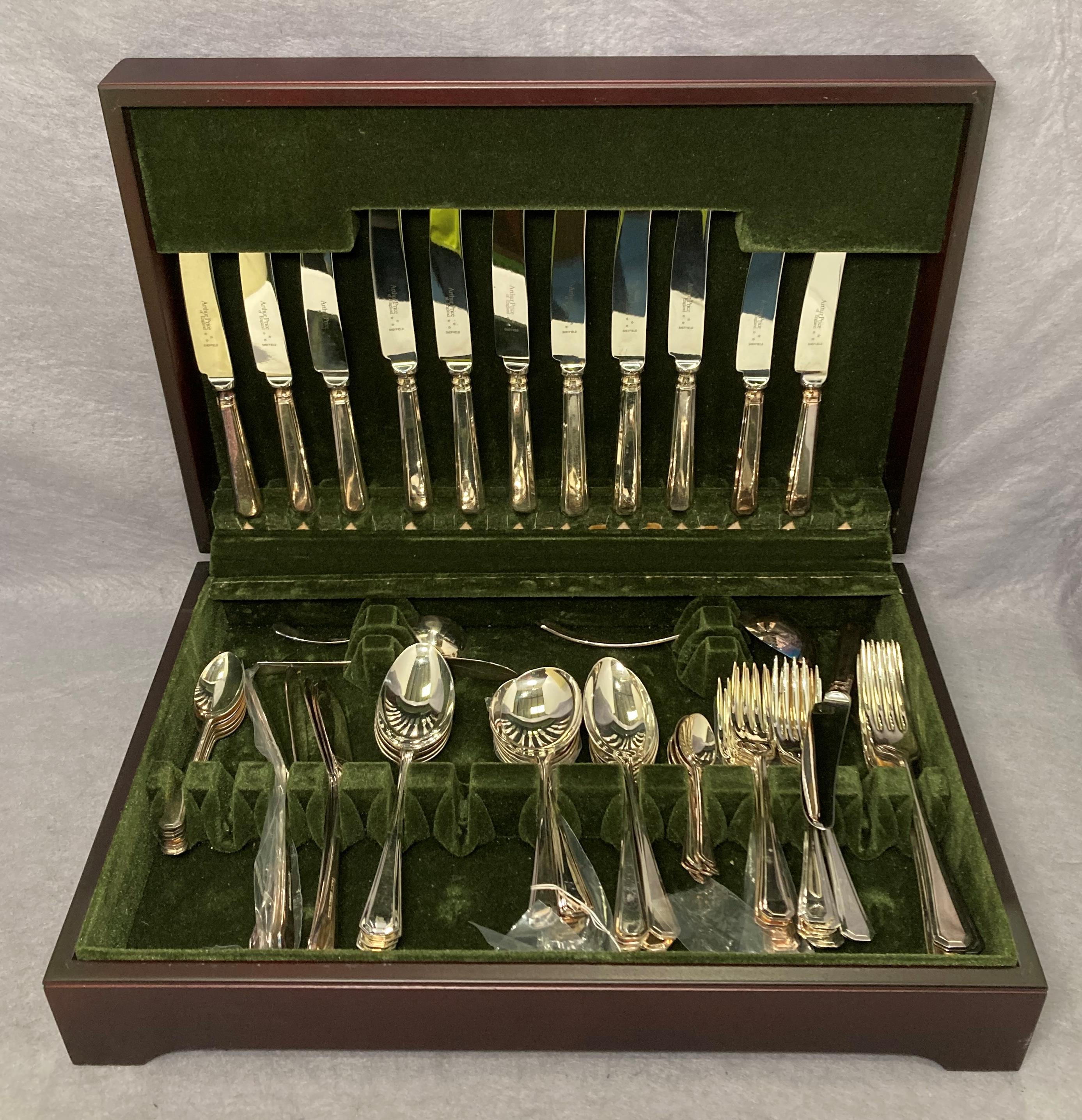 67-piece canteen of cutlery in mahogany finish case by Arthur Price if England in EPNS,