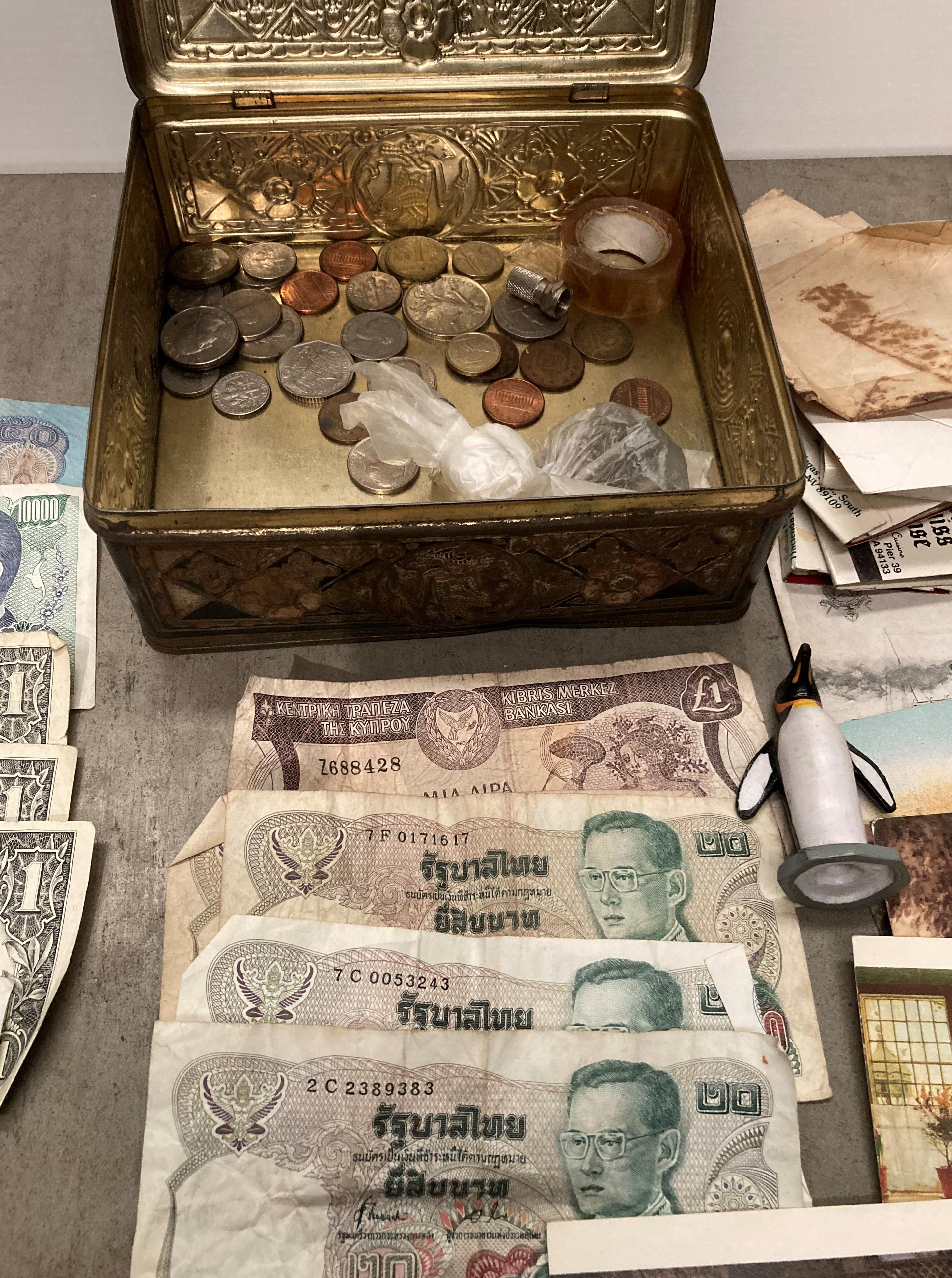 Contents to tin - assorted bank notes, coins, postcards, including USA $1, - Image 3 of 4