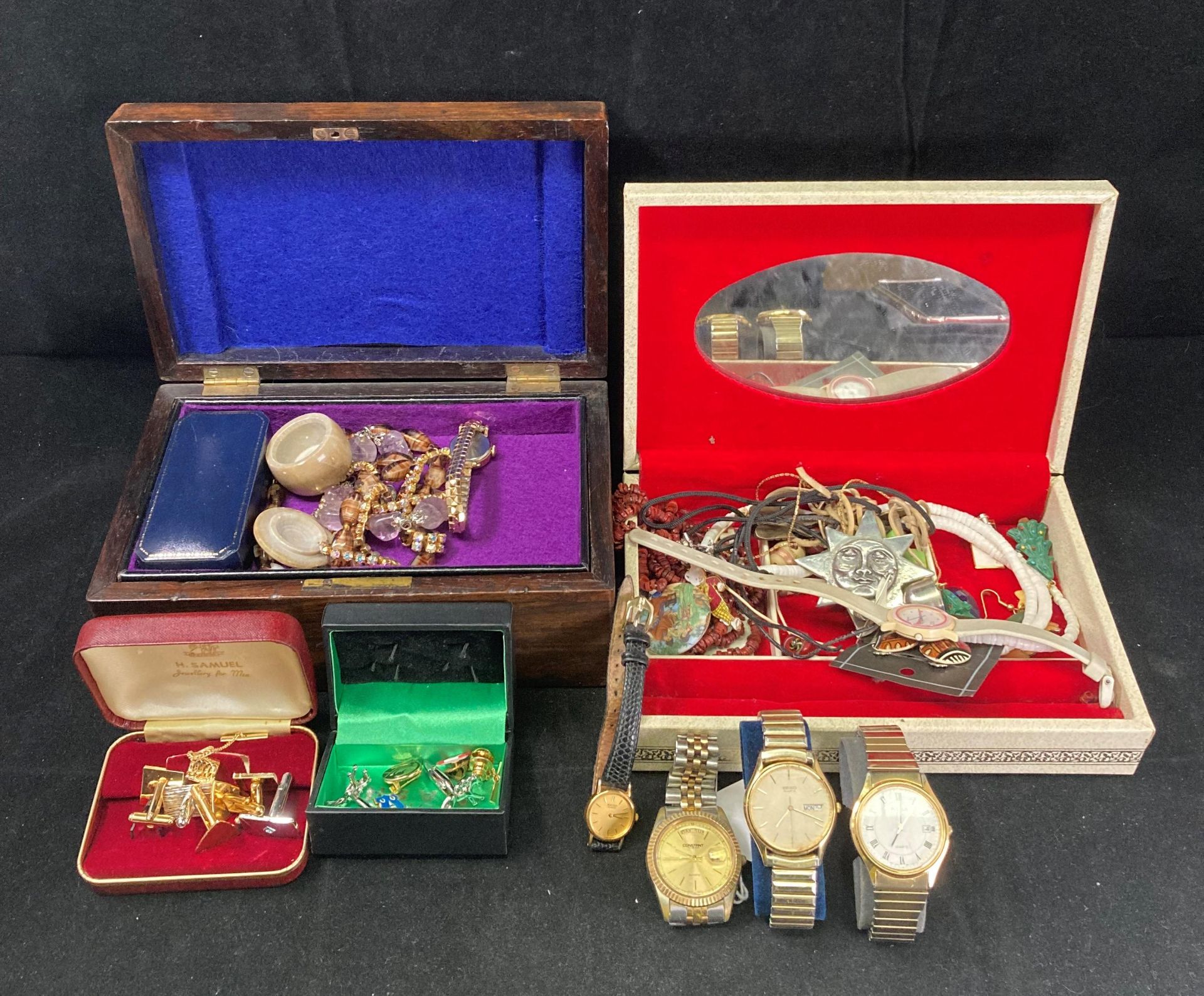 Contents to box and jewellery boxes - assorted costume jewellery, cameo brooch, earrings, bracelets,