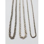 Sterling silver, three chains, rope chain 410mm, byzantine chain 450mm, twisted foxtail 430mm,