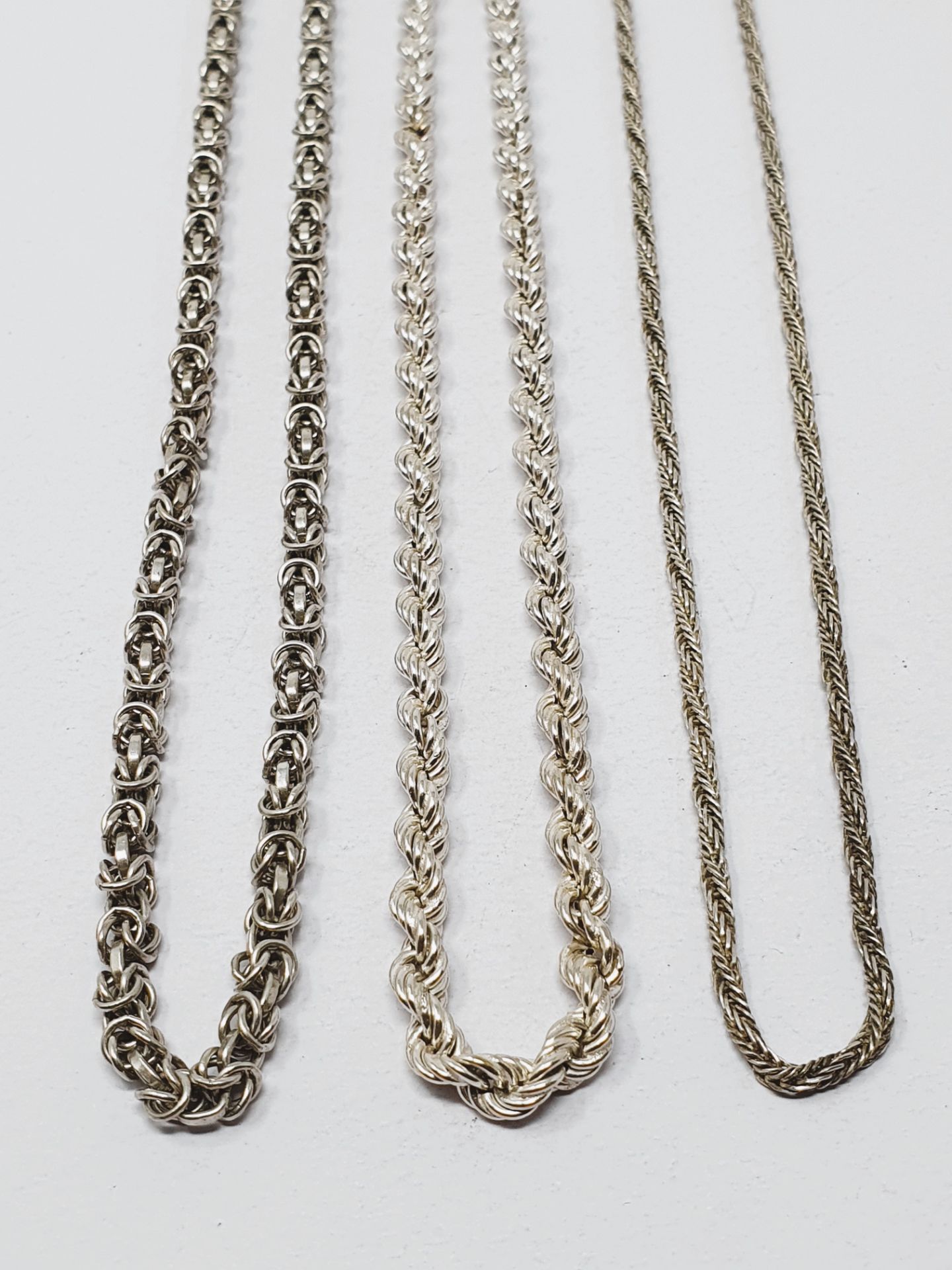 Sterling silver, three chains, rope chain 410mm, byzantine chain 450mm, twisted foxtail 430mm,