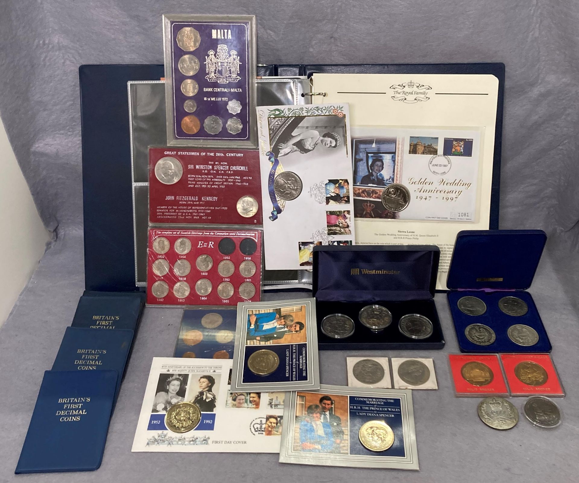 Contents to tray including sixteen assorted commemorative crowns, First Day Covers,