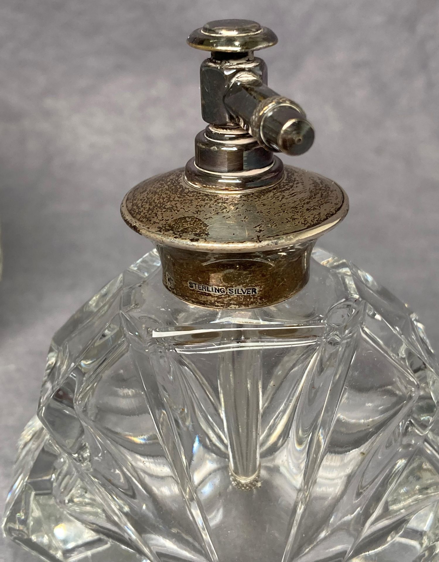 Two vintage perfume crystal/glass bottles with Sterling Silver tops/pumps (9cm and 14cm high) and a - Image 4 of 5