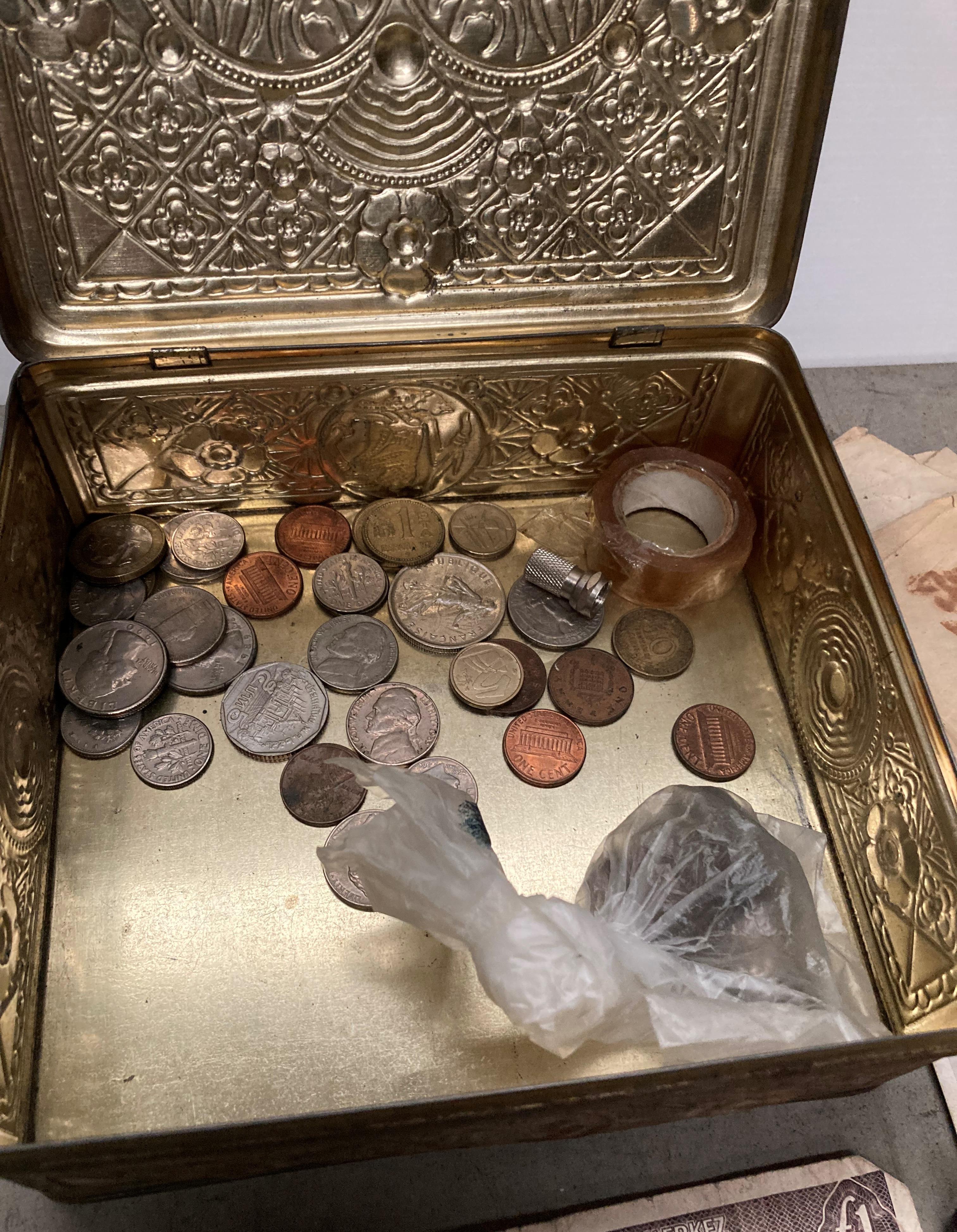 Contents to tin - assorted bank notes, coins, postcards, including USA $1, - Image 4 of 4