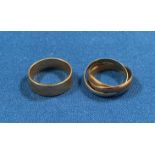 9ct gold (375) wedding band with etched 'X' (faded - size P+) and a 9ct gold (375) triple wedding