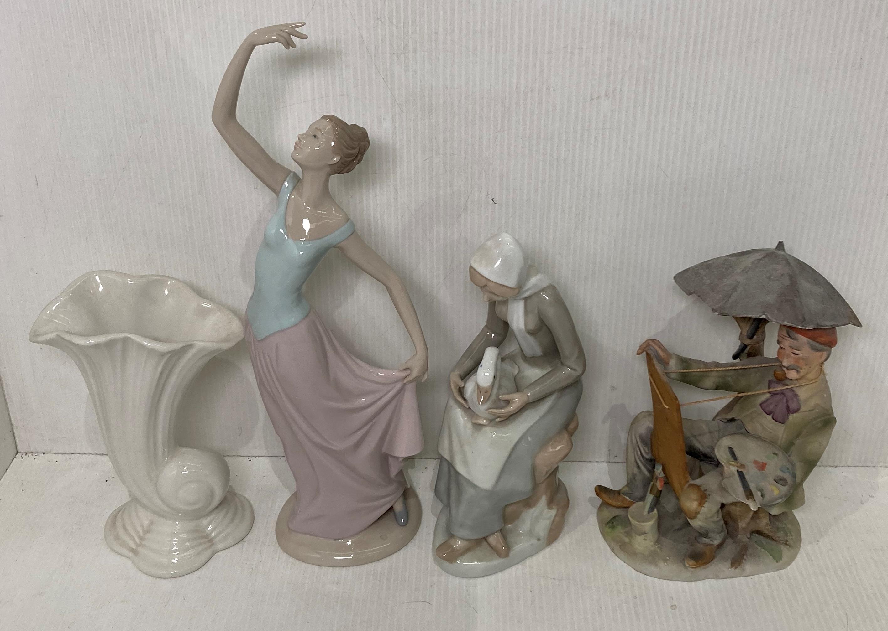 Three assorted ceramic figurines including Nao 1204 Ballerina, Casades lady with goose,