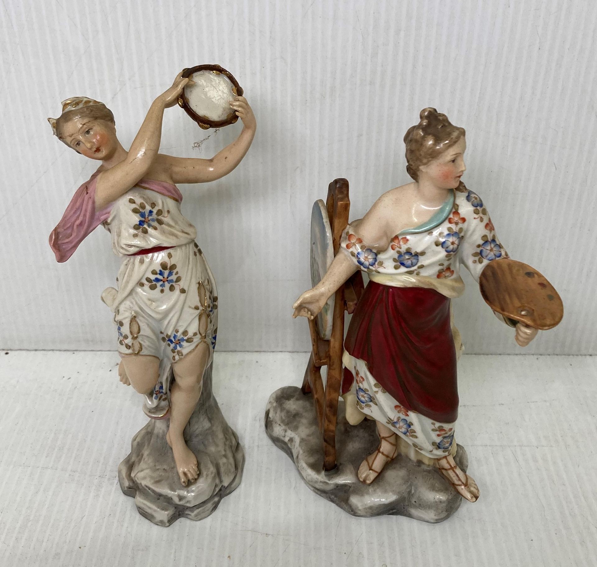 Two assorted Volkstedt ceramic figurines 19/20th Century including lady artist painting (18.