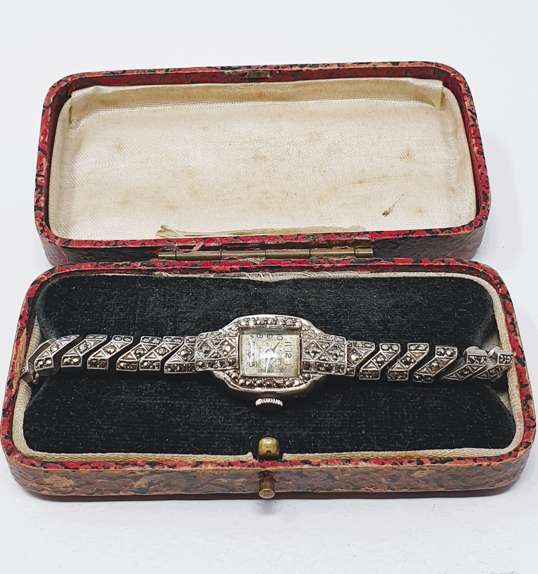 Vintage 1958 sterling silver marcasite-set wristwatch on expanding marcasite-set bracelet, boxed,