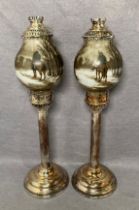 Pair of silver plated early 20th Century candle holders with opaline vessels painting with scenes