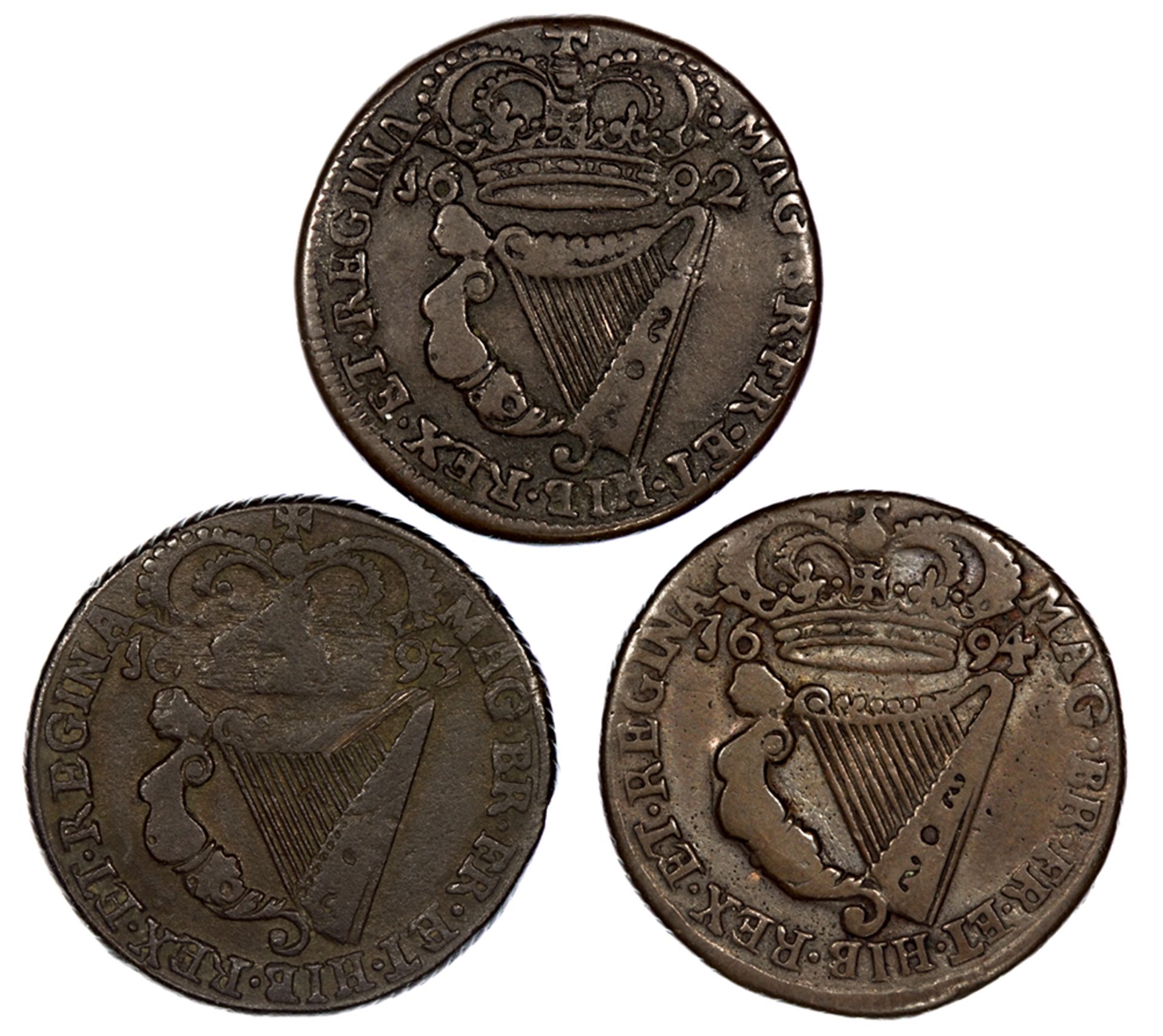 Ireland - William & Mary Halfpenny (3) 1692, 1693, - Image 2 of 4