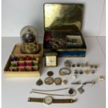 Contents to tin - assorted costume jewellery and watches, brooches, cufflinks,