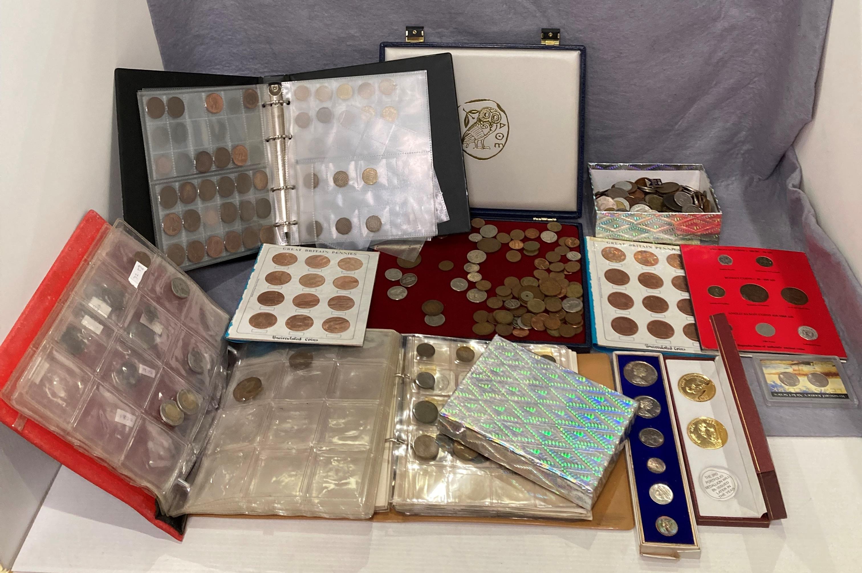 Contents to box - large quantity of assorted coins and coin sets including Vietnam, pennies, UK,