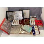 Contents to box - large quantity of assorted coins and coin sets including Vietnam, pennies, UK,